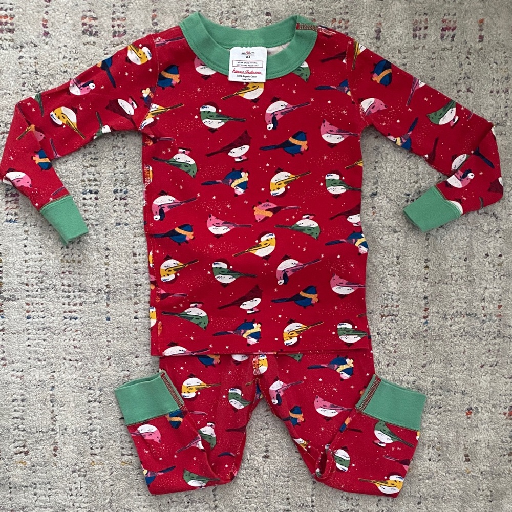 Hanna Andersson Holiday Christmas Red Pajama Set with Bird Pattern size 3